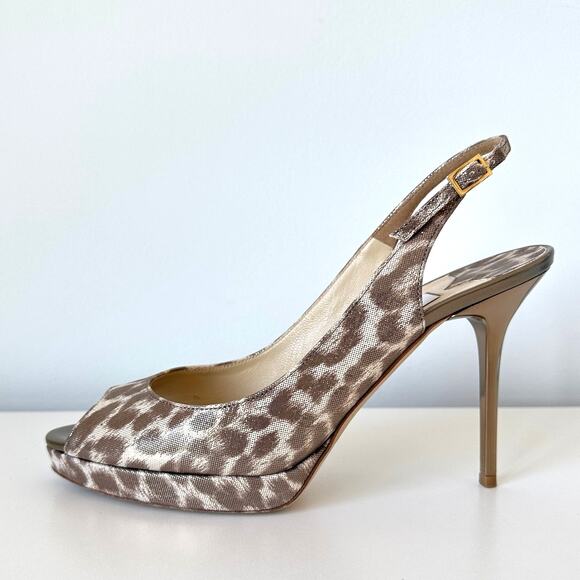 Jimmy Choo Nova Leopard Print Gold Shimmer Leather Slingback Pumps Size 38 - Picture 2 of 16